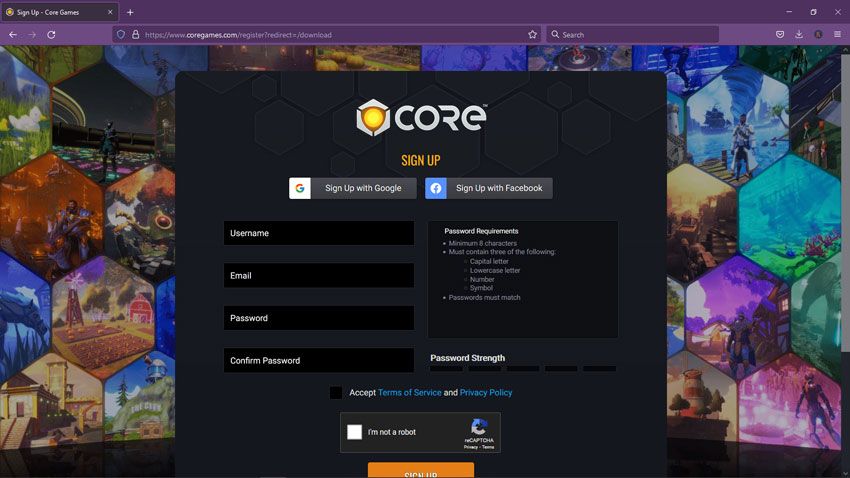 core game engine sign up page