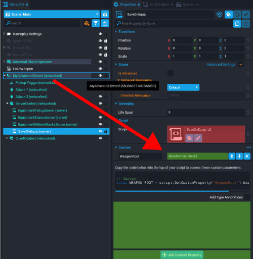 dragging the weapon root to the script custom properties